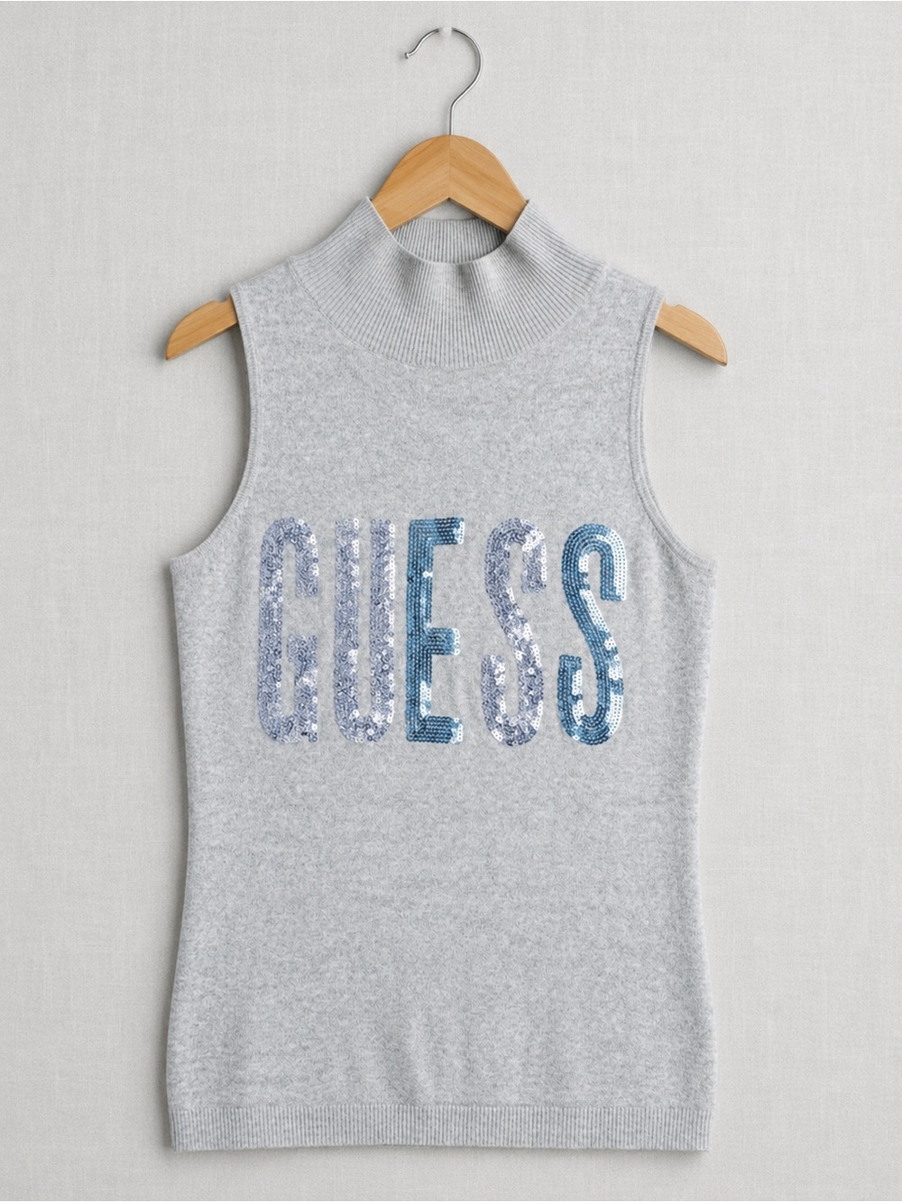 GUESS Light Gray Sleeveless Sequin Logo Mock Neck Tank